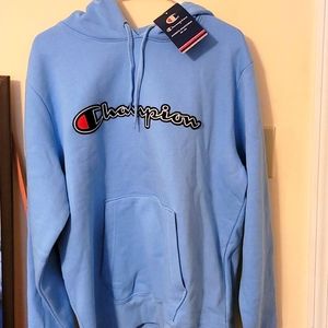 Baby blue Champion hoodie with champion socks